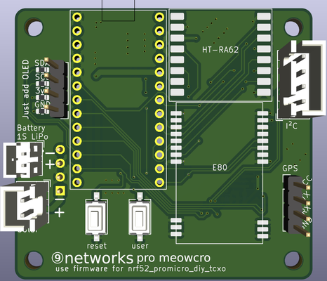 Top of board. Has all the connectors and the footprints for a Pro Micro and the two radio modules.